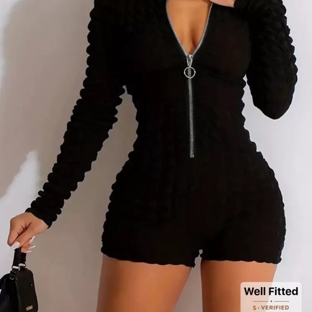 Black Zippered Long Sleeve Romper
